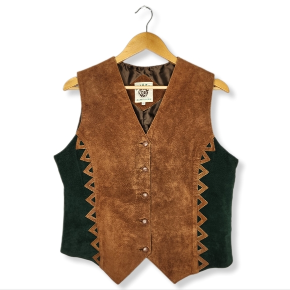 Vintage Jackets & Blazers - Vintage 1990s Suede Leather Western Green Tan Brown Vest Size Large